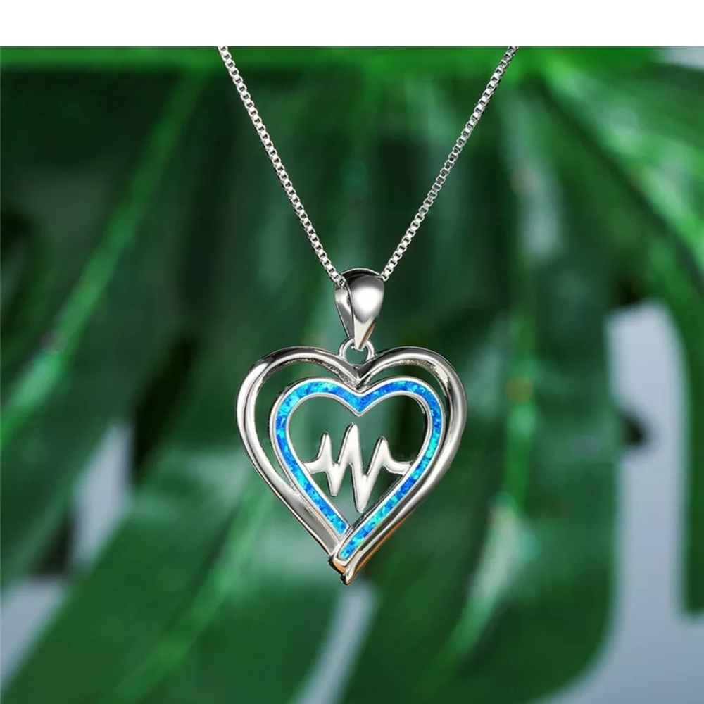 Silver Blue Heartbeat Pendant Necklace